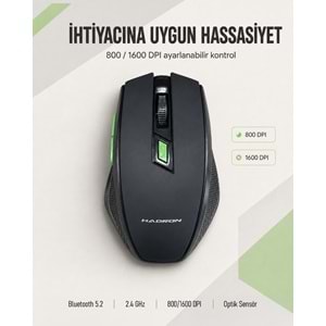 HADRON HDX3404 Dual Mode Kablosuz Mouse 2.4 GHz Bluetooth 5.2 1600 DPI Siyah