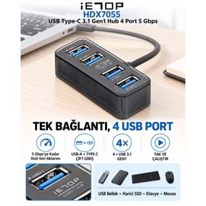iETOP HDX7055 USB Type-C 3.1 Gen1 Hub 4 Port 5 Gbps Siyah