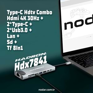 HADRON HDX7841 Type-C 3.0 Combo Hub PD HDMI 4K 30Hz LAN 100M Kart Okuyucu 8 Port 5 Gbps Gri