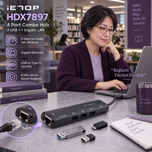 iETOP HDX7897 USB Type-C 3.2 Gen1 Combo Hub Gigabit LAN 4 Port 5 Gbps Siyah