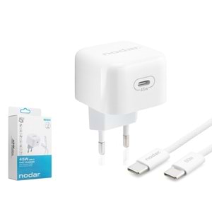 NODAR ND1014 Type-C Hızlı Şarj Seti 45W Type-C Adaptörlü 1 m Örgülü Kablolu Beyaz