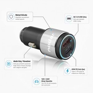 NODAR ND1076 Araç Şarj Adaptörü USB Type-C PD QC 3.0 45W Metal Siyah