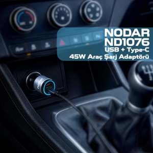 NODAR ND1076 Araç Şarj Adaptörü USB Type-C PD QC 3.0 45W Metal Siyah