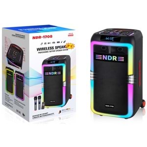 NDR NDR1708 Çift Karaoke Mikrofonlu Bluetooth Hoparlör FM Radyo 2x8 İnç RGB Kumandalı Siyah