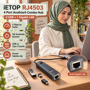 iETOP RJ4503 USB Type-C 3.2 Gen1 Combo Anahtarlı Hub Gigabit LAN 4 Port 5 Gbps Siyah