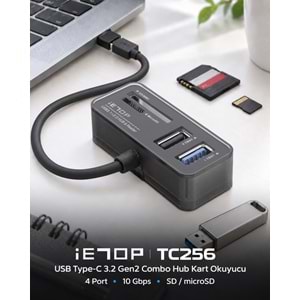 iETOP TC256 USB Type-C 3.2 Gen2 Combo Hub Kart Okuyucu 4 Port 10 Gbps Siyah
