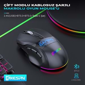 MKESPN W10 Dual Mode RGB Gaming Mouse 2.4 GHz Bluetooth 2400 DPI 9 Tuş Makro 500Hz Siyah