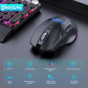 MKESPN W10 Dual Mode RGB Gaming Mouse 2.4 GHz Bluetooth 2400 DPI 9 Tuş Makro 500Hz Siyah