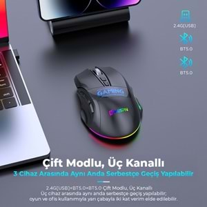 MKESPN W10 Dual Mode RGB Gaming Mouse 2.4 GHz Bluetooth 2400 DPI 9 Tuş Makro 500Hz Siyah