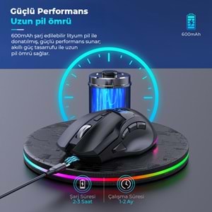 MKESPN W10 Dual Mode RGB Gaming Mouse 2.4 GHz Bluetooth 2400 DPI 9 Tuş Makro 500Hz Siyah