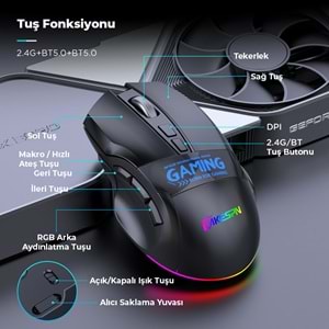 MKESPN W10 Dual Mode RGB Gaming Mouse 2.4 GHz Bluetooth 2400 DPI 9 Tuş Makro 500Hz Siyah