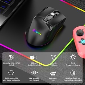 MKESPN W13 Dual Mode RGB Gaming Mouse 2.4 GHz Bluetooth 10000 DPI 10 Tuş Makro 1000Hz Siyah