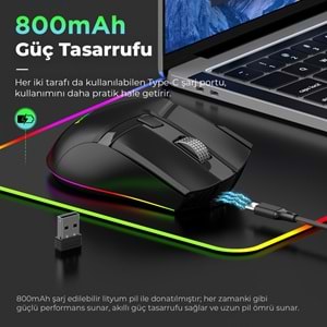 MKESPN W13 Dual Mode RGB Gaming Mouse 2.4 GHz Bluetooth 10000 DPI 10 Tuş Makro 1000Hz Siyah