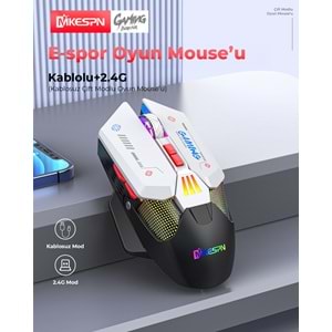 MKESPN W19 Tri Mode RGB Gaming Mouse 10000 DPI 7 Tuş Makro 1000Hz Siyah Beyaz