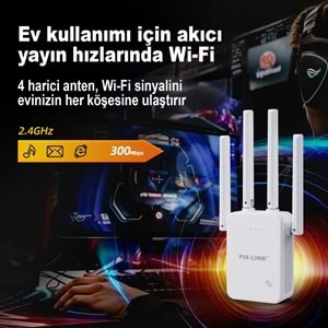 PIXLINK WR47D4Q WiFi Repeater Router Access Point 300 Mbps Beyaz