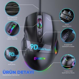 MKESPN X10 RGB Gaming Mouse 12800 DPI 9 Tuş Makro 1000Hz Siyah