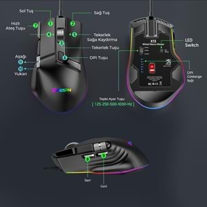 MKESPN X13 RGB Gaming Mouse 12400 DPI 10 Tuş Makro 1000Hz Siyah