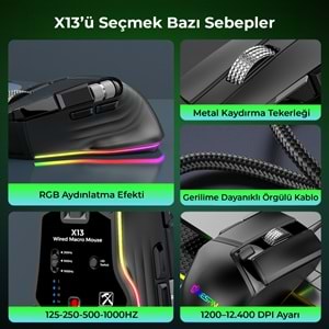 MKESPN X13 RGB Gaming Mouse 12400 DPI 10 Tuş Makro 1000Hz Siyah