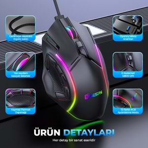 MKESPN X15 RGB Gaming Mouse 12800 DPI 12 Tuş Makro 1000Hz Siyah