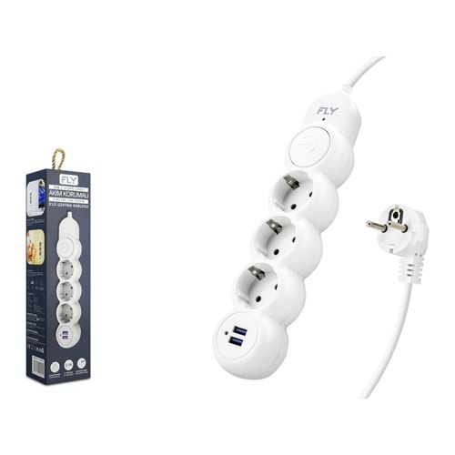 FLY 3393-01 Termal Akım Korumalı Uzatma Kablosu 3 Priz 2 USB Anahtarlı 2 m Beyaz