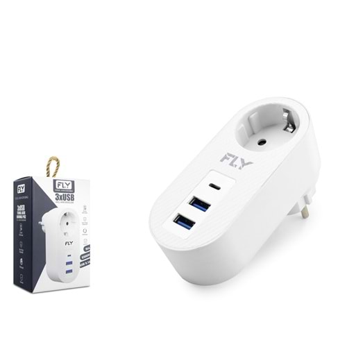 FLY 3400-01 Termal Akım Korumalı Priz Adaptörü 1 Priz + 2x USB + Type-C 2.1A Beyaz
