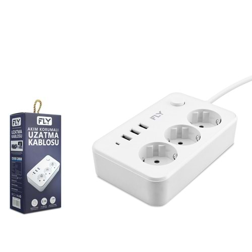 FLY 3406-01 Termal Akım Korumalı Uzatma Kablosu 3 Priz 3 USB Anahtarlı 2 m Beyaz