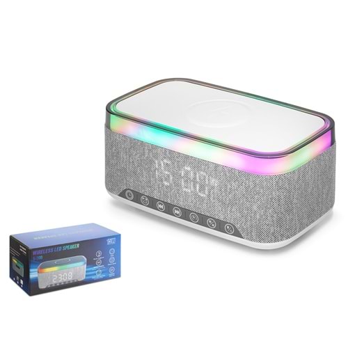 HADRON A911 Bluetooth Masaüstü Hoparlör 15W TWS FM Radyo USB TF Qi Kablosuz Şarjlı Saatli RGB Beyaz
