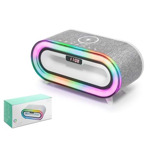 HADRON A916 Bluetooth Masaüstü Hoparlör 15W TWS FM Radyo USB TF Qi Kablosuz Şarjlı Saatli RGB Beyaz