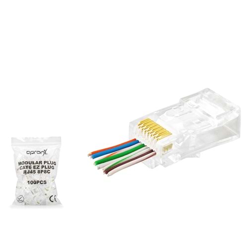 APRONX APXRJ45 CAT6 EZ RJ45 Konnektör 100 Adetli Paket Şeffaf
