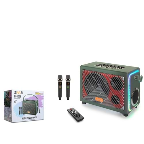 BAAB BB1038 Çift Karaoke Mikrofonlu Bluetooth Hoparlör FM Radyo 8 İnç RGB Kumandalı Yeşil