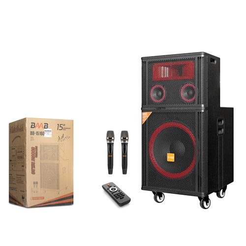 BAAB BB15160 Çift Karaoke Mikrofonlu Bluetooth Hoparlör FM Radyo 150W 15 İnç 2x4 İnç LED Kumandalı Ahşap