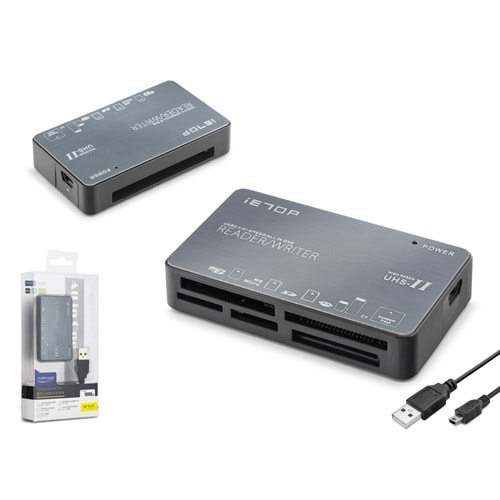 iETOP C208 USB All in One Kart Okuyucu CF SD MicroSD MS UHS-II 480 Mbps Alüminyum Gri