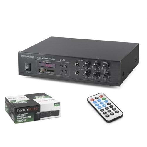 ELECTRO MASTER EP60U 100V Hat Trafolu Amfi 100W USB SD MMC MP3 Kumandalı Siyah
