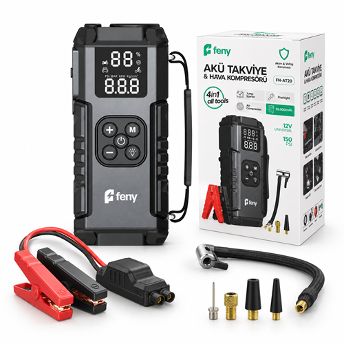 FENY FNAT16 16000 mAh 5V 3A Akü Takviye Cihazı Hava Kompresörlü Powerbank Siyah