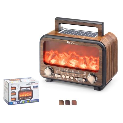 FEPE FP2393S Bluetooth Nostaljik Radyo Hoparlör FM AM SW USB TF Solar LED Alev Efektli Kahverengi