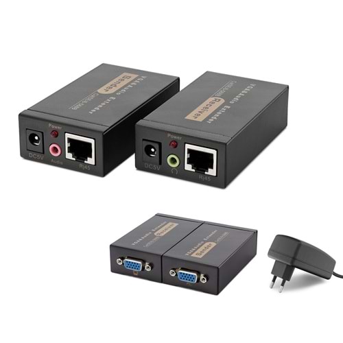 HADRON HDX1318 VGA ve 3.5 mm Ses RJ45 Extender Görüntü Aktarım Seti 100 m Siyah