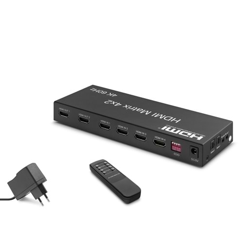 HADRON HDX1334 HDMI Matrix Switch EDID Ses Çıkışlı Kumandalı 4K 60 Hz 4 Giriş 2 Çıkış Siyah