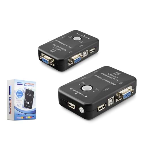 HADRON HDX1360 VGA USB KVM Switch 2 Bilgisayar 2 Console USB Butonlu Siyah
