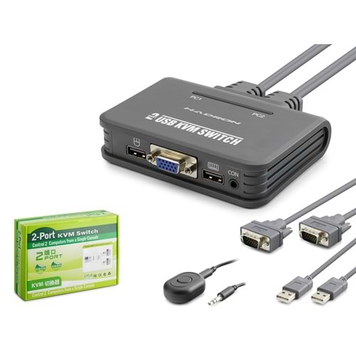 HADRON HDX1362 VGA KVM Switch 2 Console Harici Butonlu Dahili Kablolu 2 VGA Port Siyah