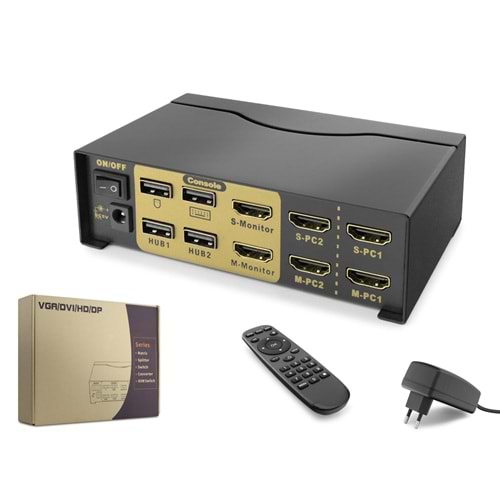 HADRON HDX1376 HDMI KVM Matrix Switch Dual Monitor 2 USB Hub 2 Console Kumandalı 4 HDMI Portlu Siyah
