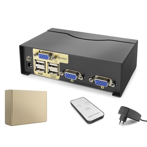 HADRON HDX1380 VGA KVM Switch 2 USB Hub 2 Console Kumandalı 2 VGA Port Siyah