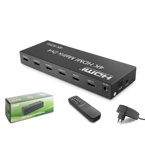 HADRON HDX1388 HDMI Matrix Switch Ses Çıkışlı Kumandalı 4K 60 Hz 2 Giriş 4 Çıkış Siyah
