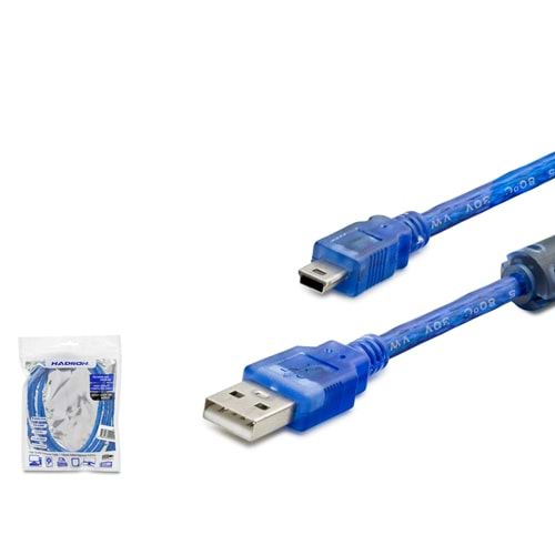 HADRON HDX5065 USB Mini 5 Pin Data Kablosu 1.5 m Şeffaf Mavi