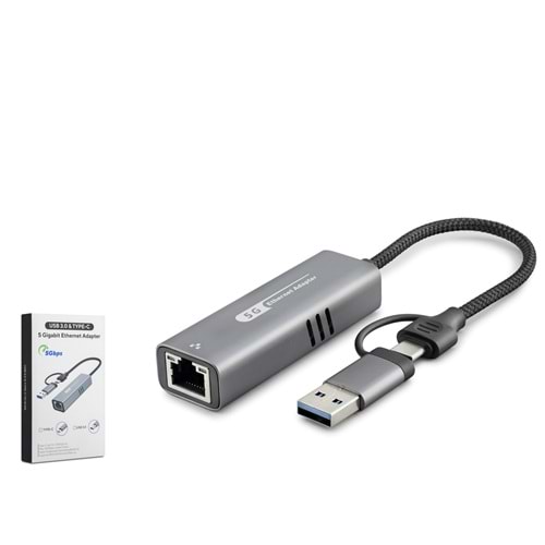 HADRON HDX7850 USB Type C 3.0 Ethernet Adaptör Gigabit 5 Gbps Gri