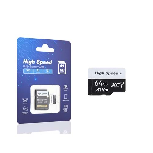ELBA HS64GB High Speed 64 GB Micro Hafıza Kartı A1 V30 U3 Class10 Adaptörlü Siyah