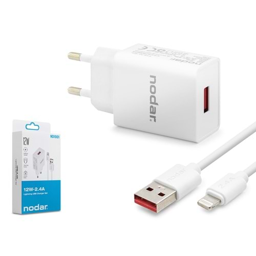 NODAR ND1001 Lightning Hızlı Şarj Seti 12W 2.4A USB Adaptörlü 1 m PVC Kablolu Beyaz
