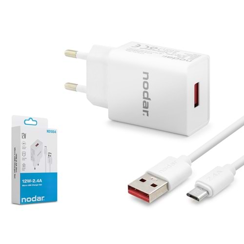 NODAR ND1004 Micro USB Hızlı Şarj Seti 12W 2.4A USB Adaptörlü 1 m PVC Kablolu Beyaz