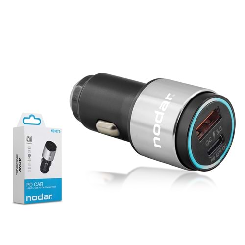 NODAR ND1076 Araç Şarj Adaptörü USB Type-C PD QC 3.0 45W Metal Siyah