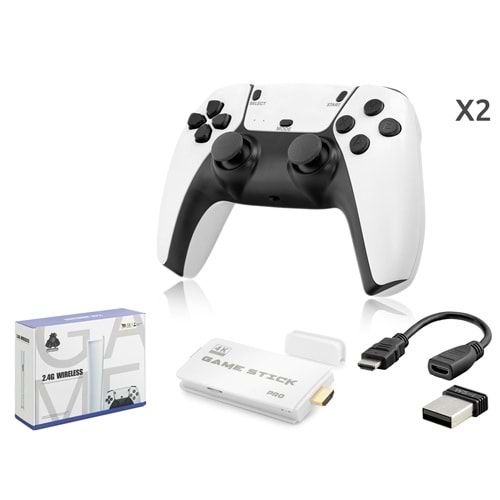 NODAR ND764 Retro Oyun Stick HDMI Çift GamePad Seti 64 GB Kart Destekli 2.4G Kablosuz Beyaz