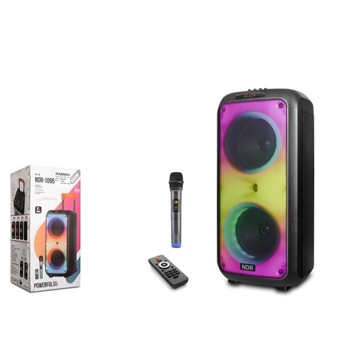 NDR NDR1095 Karaoke Mikrofonlu Bluetooth Hoparlör FM Radyo 2x8 İnç RGB Kumandalı Siyah
